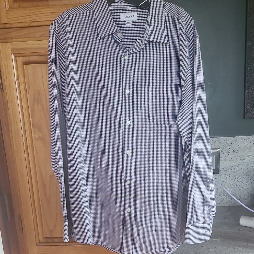 Haggar Men's Black and White Gingham Shirt Sz L
